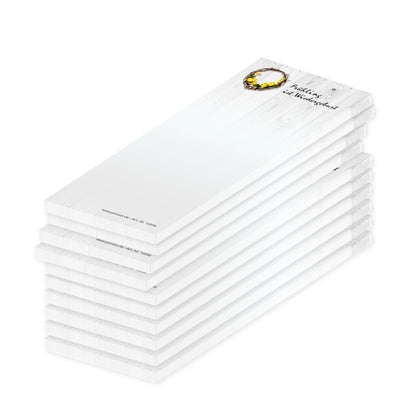 notizblock schmal, frühling, weiß-graue optik mit frühlingskranz und aufdruck "frühling ist wiedergeburt", 10er set