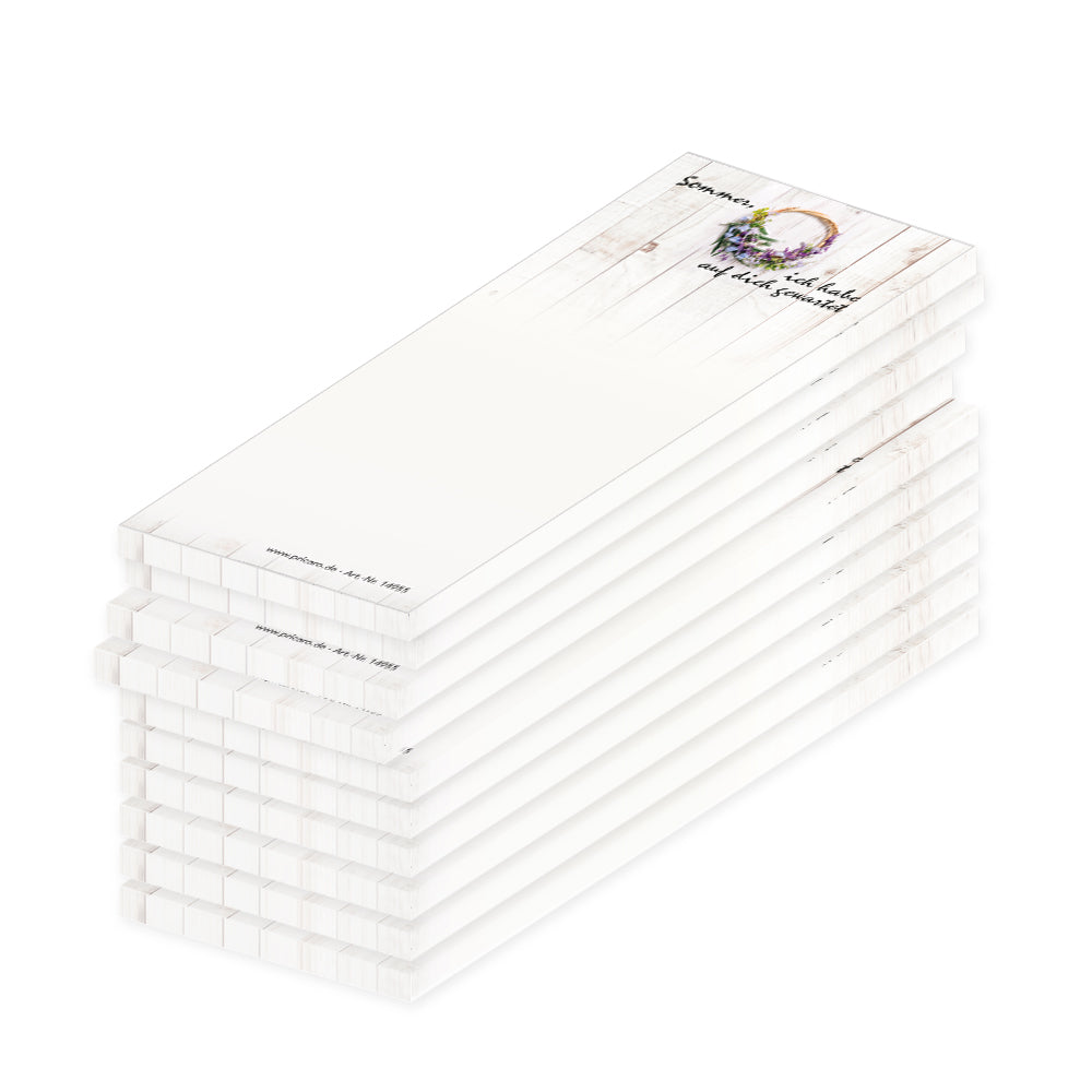 notizblock schmal, sommer, weiß-braune optik mit sommerlichem kranz und aufdruck "sommer, ich habe auf dich gewartet", 10er set