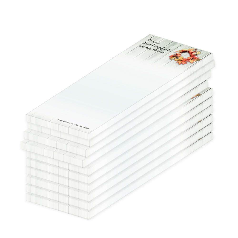 notizblock schmal, herbst, weiß-graue optik mit herbstlichem kranz und aufdruck "meine lieblingsfarbe ist der herbst", 10er set