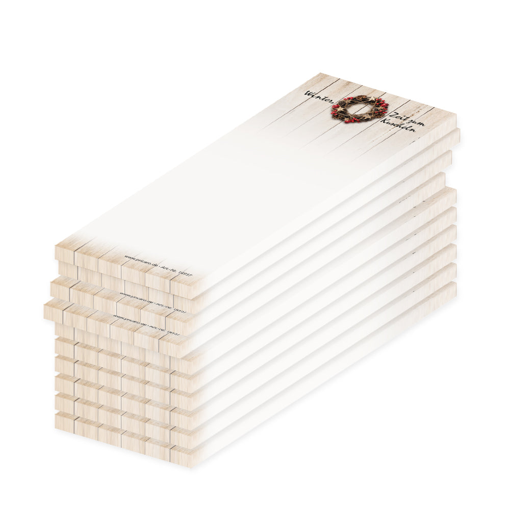 notizblock schmal, winter, weiß-braune optik mit winterlichem kranz und aufdruck "winter, zeit zum kuscheln", 10er set
