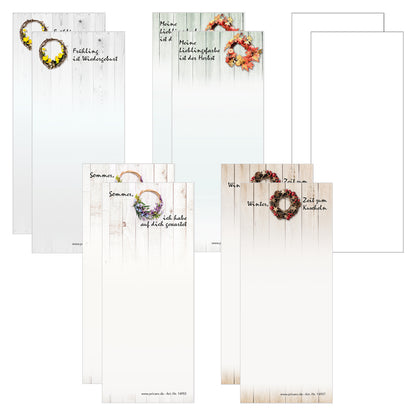 notizblock schmal, jahreszeiten-set, weiß-bunteoptik mit den einzelnen jahrezeit motiven, je 2 blöcke plus 2x blanko, 10er set