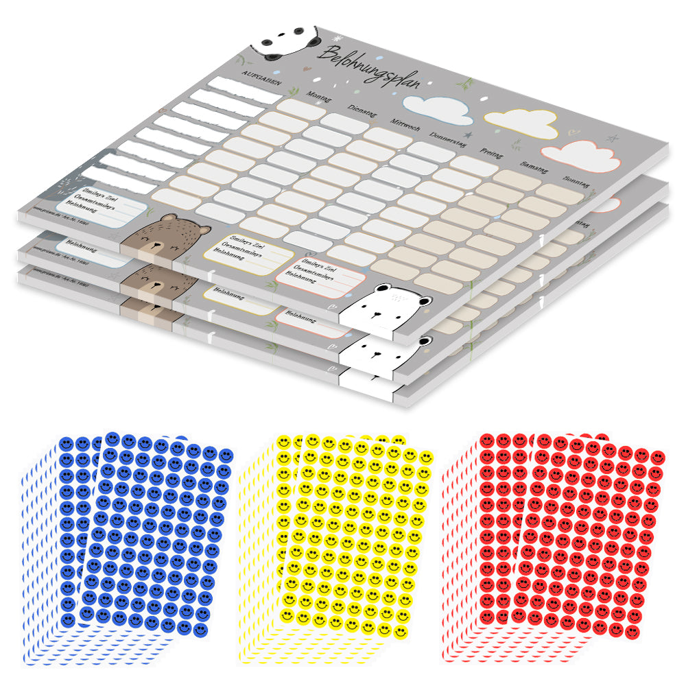 belohnungsplan bären, grau bunte optik, geeignet für bis zu drei kinder, 3er set mit aufklebern
