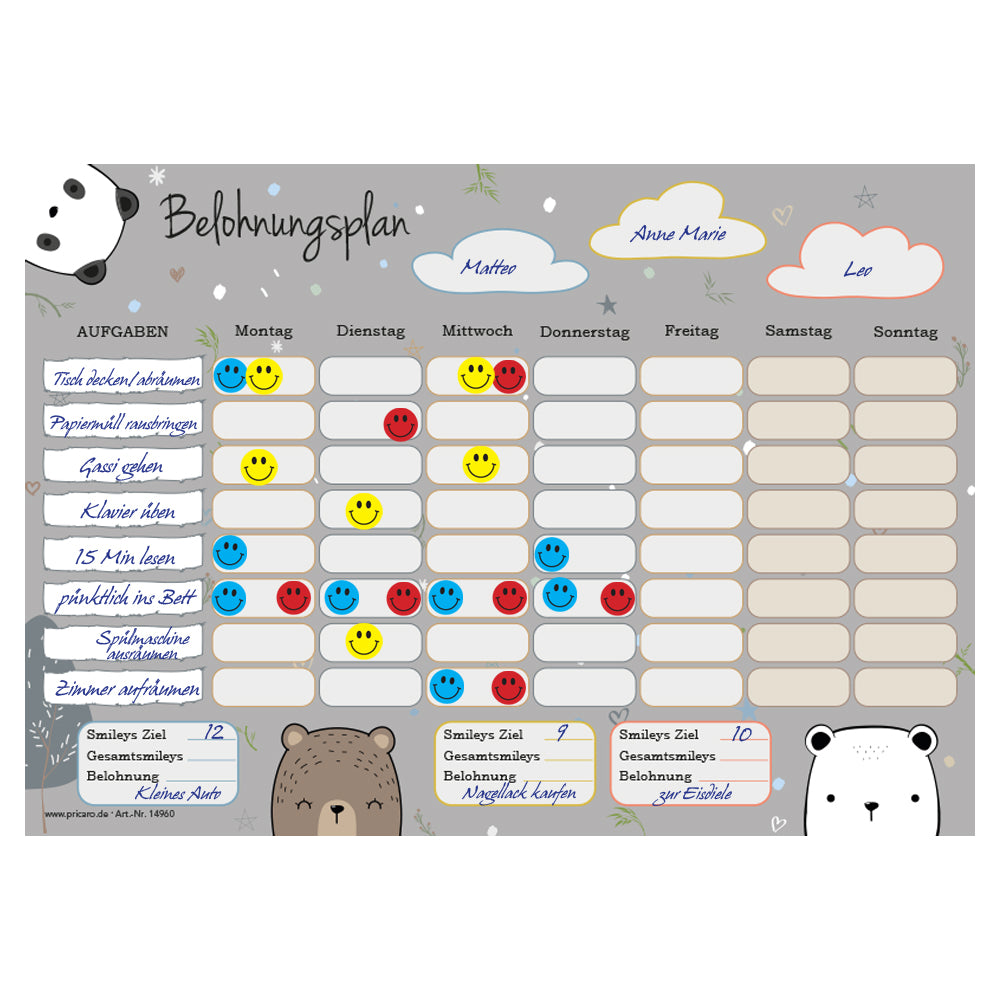 belohnungsplan bären, grau bunte optik, geeignet für bis zu drei kinder, ausfüllbeispiel