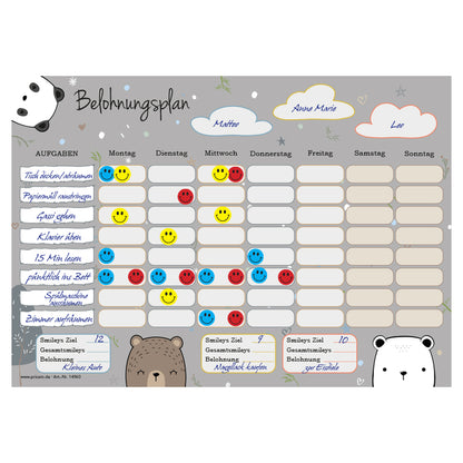 belohnungsplan bären, grau bunte optik, geeignet für bis zu drei kinder, ausfüllbeispiel