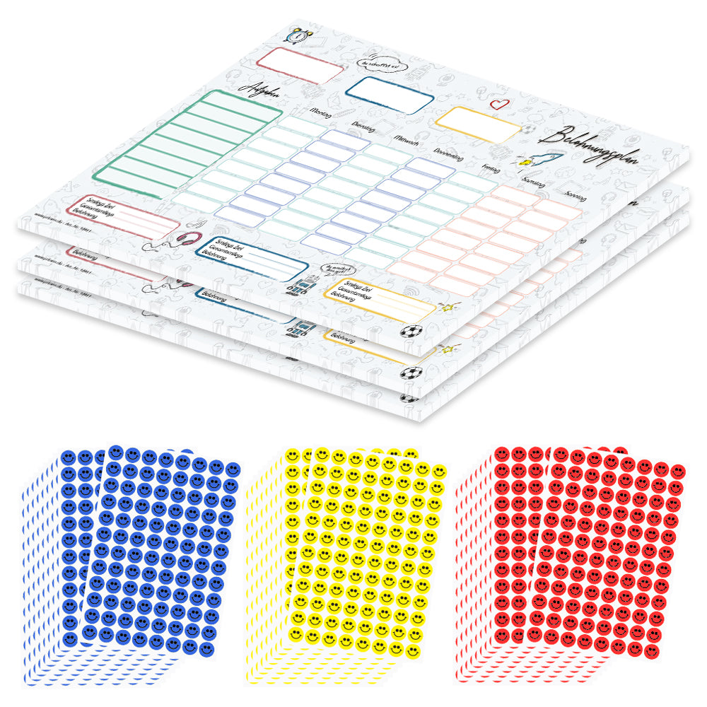 belohnungsplan doodle, grau bunte optik, geeignet für bis zu drei kinder, 3er set mit aufklebern