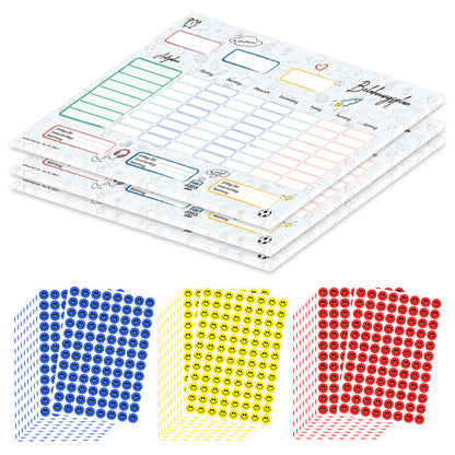 belohnungsplan doodle, grau bunte optik, geeignet für bis zu drei kinder, 3er set mit aufklebern