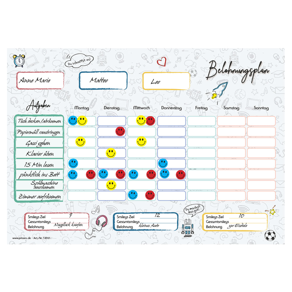 belohnungsplan doodle, grau bunte optik, geeignet für bis zu drei kinder, ausfüllbeispiel