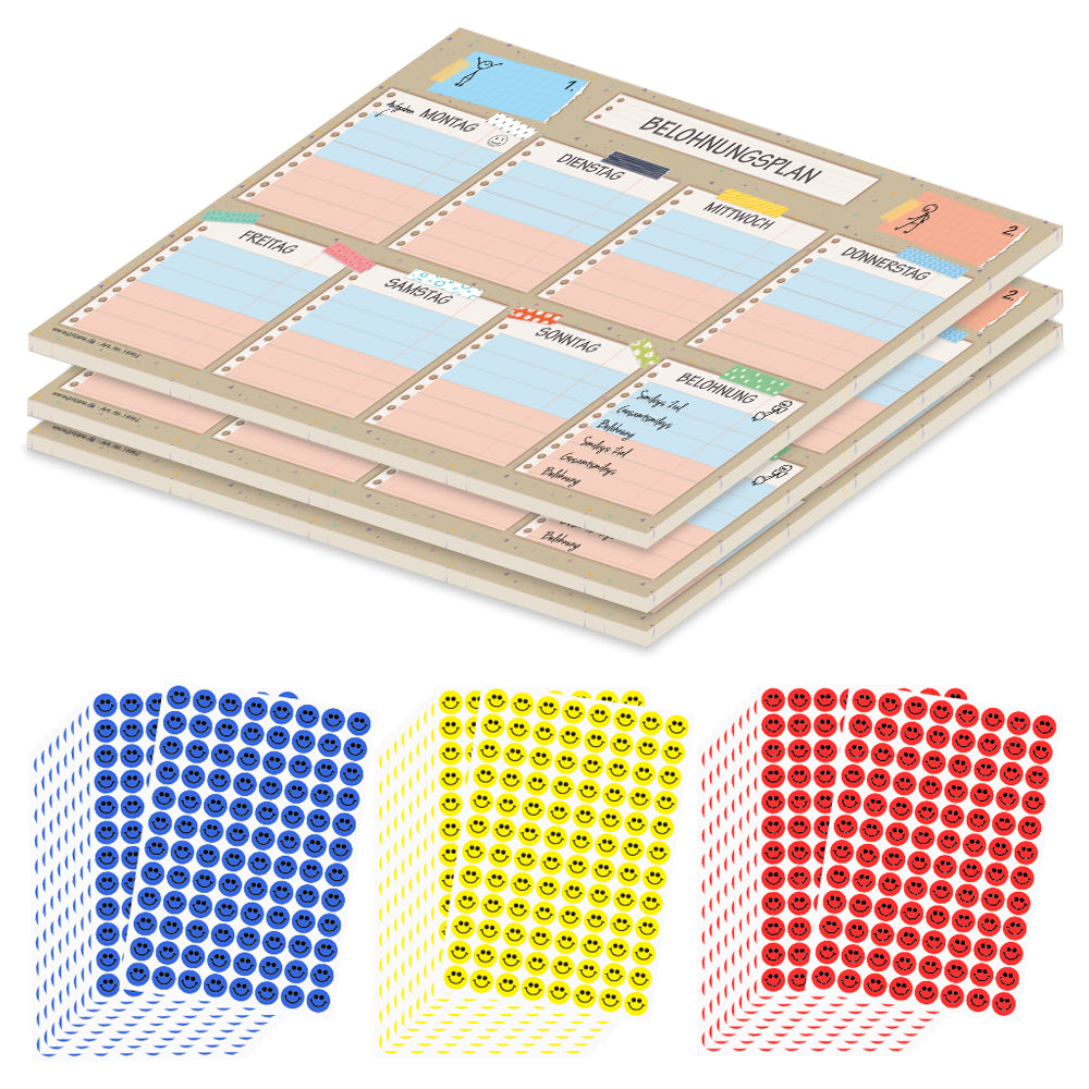 belohnungsplan tape, beige bunte optik, geeignet für bis zu zwei kinder, 3er set mit aufklebern