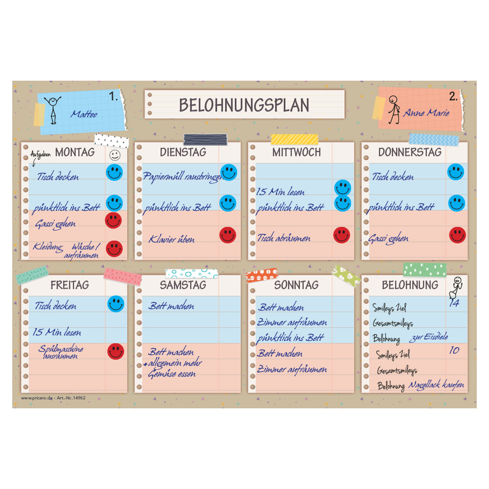 belohnungsplan tape, beige bunte optik, geeignet für bis zu zwei kinder, ausfüllbeispiel