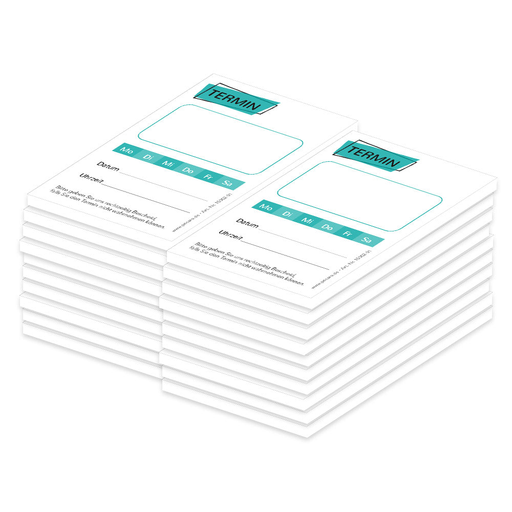 terminblöcke "basic, weiß-türkisfarbene optik, felder mo-sa zum ankreuzen, spalten für datum und uhrzeit, freifeld für einen stempel, 20er set