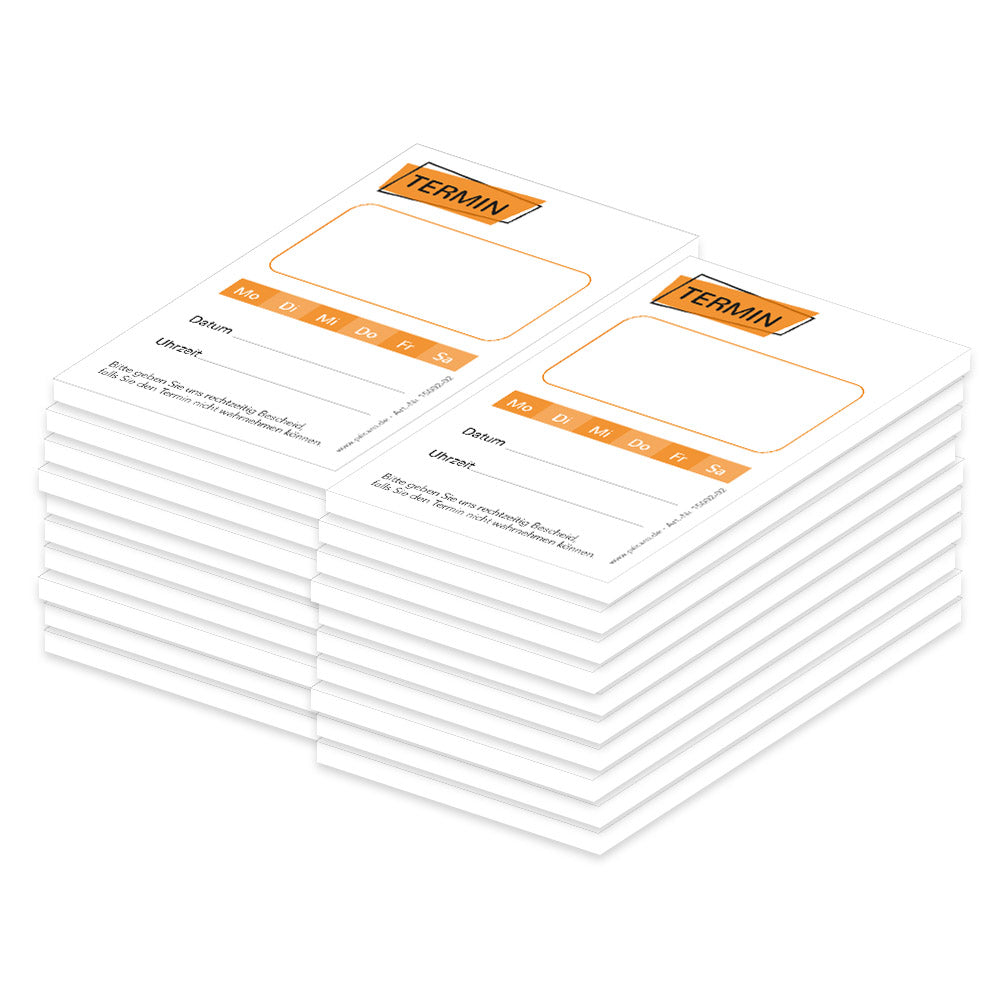 terminblöcke "basic, weiß-orangefarbene optik, felder mo-sa zum ankreuzen, spalten für datum und uhrzeit, freifeld für einen stempel, 20er set