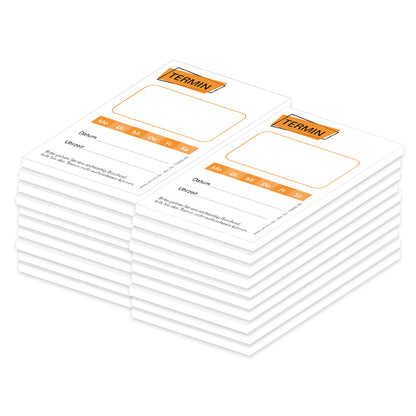 terminblöcke "basic, weiß-orangefarbene optik, felder mo-sa zum ankreuzen, spalten für datum und uhrzeit, freifeld für einen stempel, 20er set