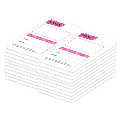 terminblöcke "basic, weiß-rosafarbene optik, felder mo-sa zum ankreuzen, spalten für datum und uhrzeit, freifeld für einen stempel, 20er set