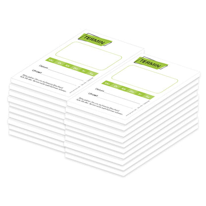 terminblöcke "basic, weiß-grüne optik, felder mo-sa zum ankreuzen, spalten für datum und uhrzeit, freifeld für einen stempel, 20er set