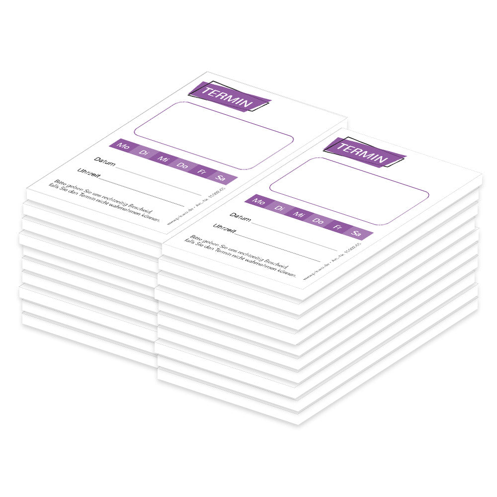 terminblöcke "basic, weiß-lilafarbene optik, felder mo-sa zum ankreuzen, spalten für datum und uhrzeit, freifeld für einen stempel, 20er set