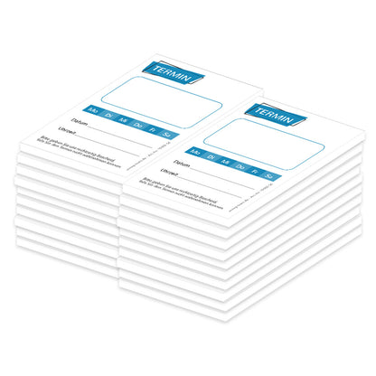 terminblöcke "basic, weiß-blaue optik, felder mo-sa zum ankreuzen, spalten für datum und uhrzeit, freifeld für einen stempel, 20er set