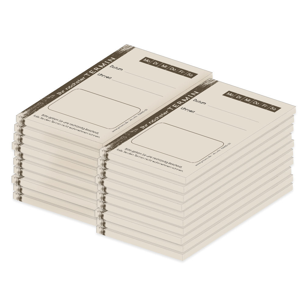 terminblöcke brushed, beige-braune optik, felder mo-sa zum ankreuzen, spalten für datum und uhrzeit, freifeld für einen stempel, 20er set