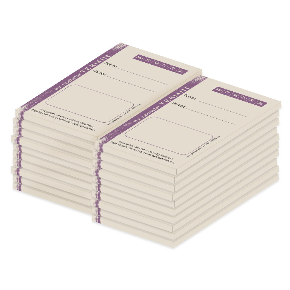 terminblöcke brushed, beige-lilafarbene optik, felder mo-sa zum ankreuzen, spalten für datum und uhrzeit, freifeld für einen stempel, 20er set