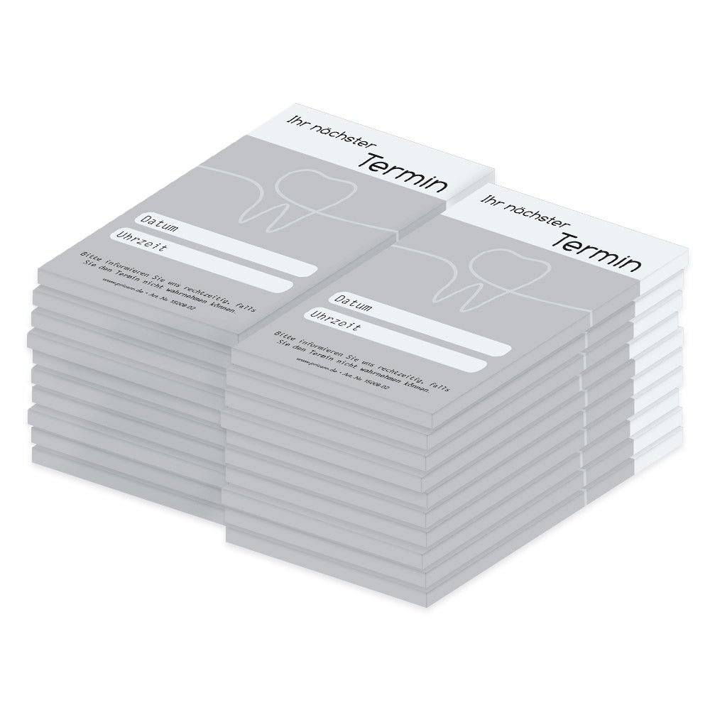 terminblöcke one line, zahnarzt, mit zahn, grau-weiße, moderne optik, spalten für datum und uhrzeit, freifeld für einen stempel, 20er set