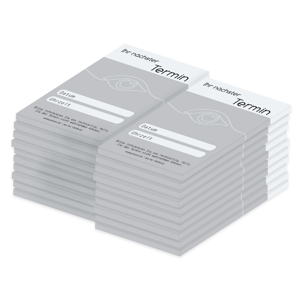 terminblöcke one line, augenarzt, mit auge, grau-weiße, moderne optik, spalten für datum und uhrzeit, freifeld für einen stempel, 20er set
