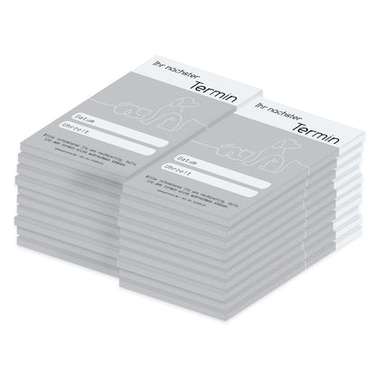 terminblöcke one line, tierarzt, mit hund und katze, grau-weiße, moderne optik, spalten für datum und uhrzeit, freifeld für einen stempel, 20er set
