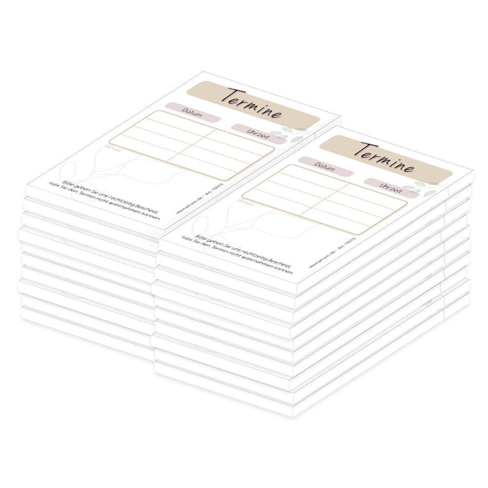 terminblöcke blätter,beige-weiße, moderne optik mit blättermotiven, 4 spalten für datum und uhrzeit, freifeld für einen stempel, 20er set