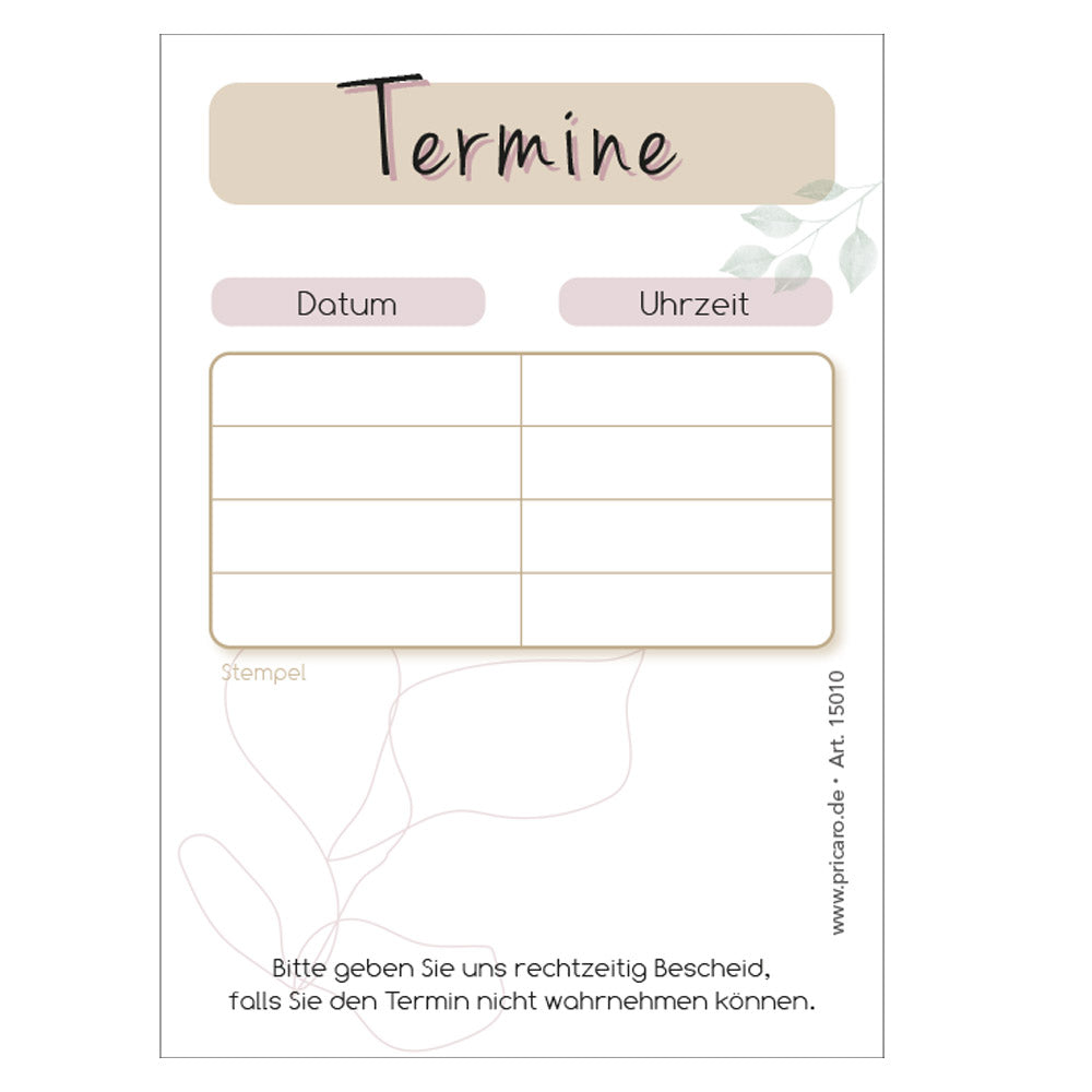terminblöcke blätter,beige-weiße, moderne optik mit blättermotiven, 4 spalten für datum und uhrzeit, freifeld für einen stempel, frontansicht