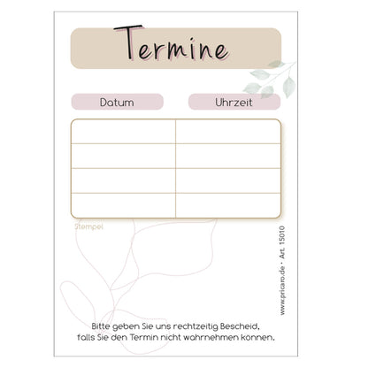 terminblöcke blätter,beige-weiße, moderne optik mit blättermotiven, 4 spalten für datum und uhrzeit, freifeld für einen stempel, frontansicht