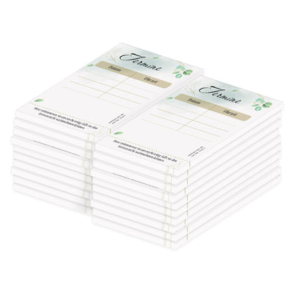 terminblöcke blätter,beige-grün-weiße, moderne optik mit eukalyptusblättern, 4 spalten für datum und uhrzeit, freifeld für einen stempel, 20er set