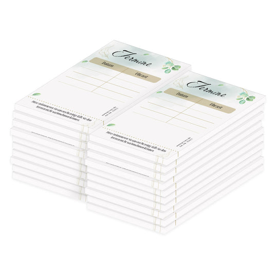 terminblöcke blätter,beige-grün-weiße, moderne optik mit eukalyptusblättern, 4 spalten für datum und uhrzeit, freifeld für einen stempel, 20er set