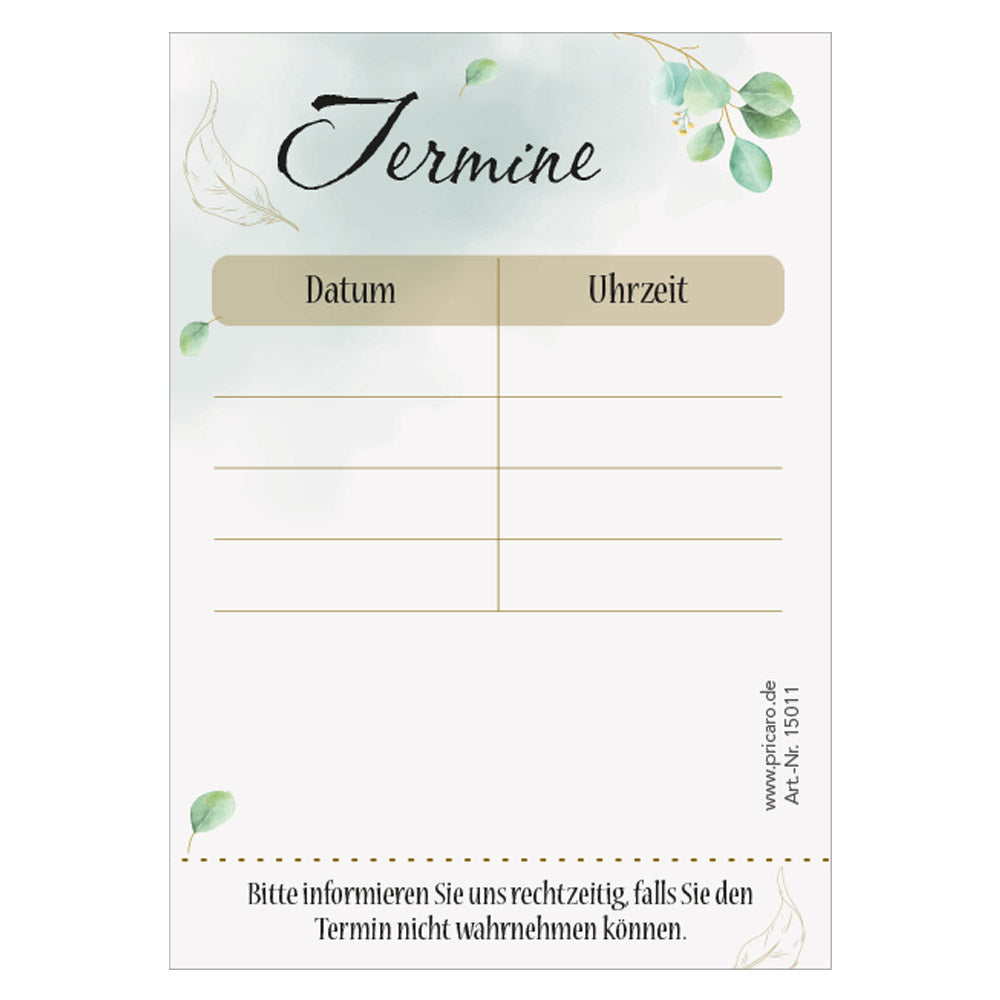 terminblöcke blätter,beige-grün-weiße, moderne optik mit eukalyptusblättern, 4 spalten für datum und uhrzeit, freifeld für einen stempel, frontansicht