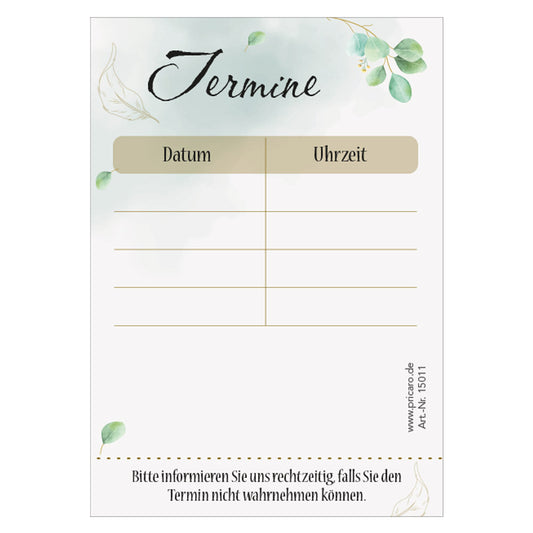terminblöcke blätter,beige-grün-weiße, moderne optik mit eukalyptusblättern, 4 spalten für datum und uhrzeit, freifeld für einen stempel, frontansicht