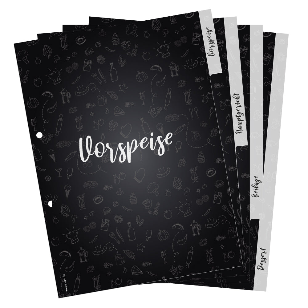 rezeptregister doodles, a4, schwarz-weiße optik, 1x vorspeise, 1x hauptgericht, 1x beilage, 1x dessert, aufgefächert