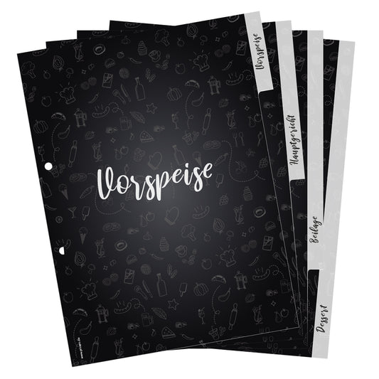 rezeptregister doodles, a4, schwarz-weiße optik, 1x vorspeise, 1x hauptgericht, 1x beilage, 1x dessert, aufgefächert