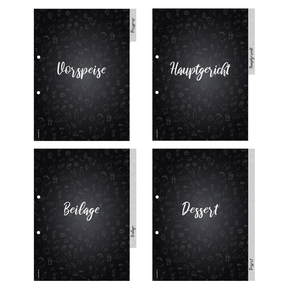 rezeptregister doodles, a4, schwarz-weiße optik, 1x vorspeise, 1x hauptgericht, 1x beilage, 1x dessert
