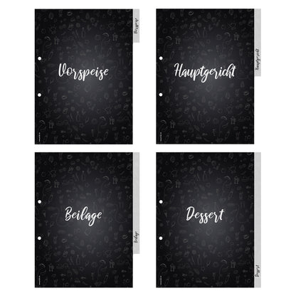 rezeptregister doodles, a4, schwarz-weiße optik, 1x vorspeise, 1x hauptgericht, 1x beilage, 1x dessert