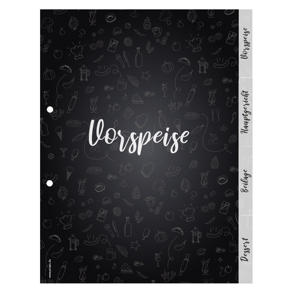 rezeptregister doodles, a4, schwarz-weiße optik, 1x vorspeise, 1x hauptgericht, 1x beilage, 1x dessert, aufeinanderliegend