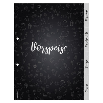 rezeptregister doodles, a4, schwarz-weiße optik, 1x vorspeise, 1x hauptgericht, 1x beilage, 1x dessert, aufeinanderliegend
