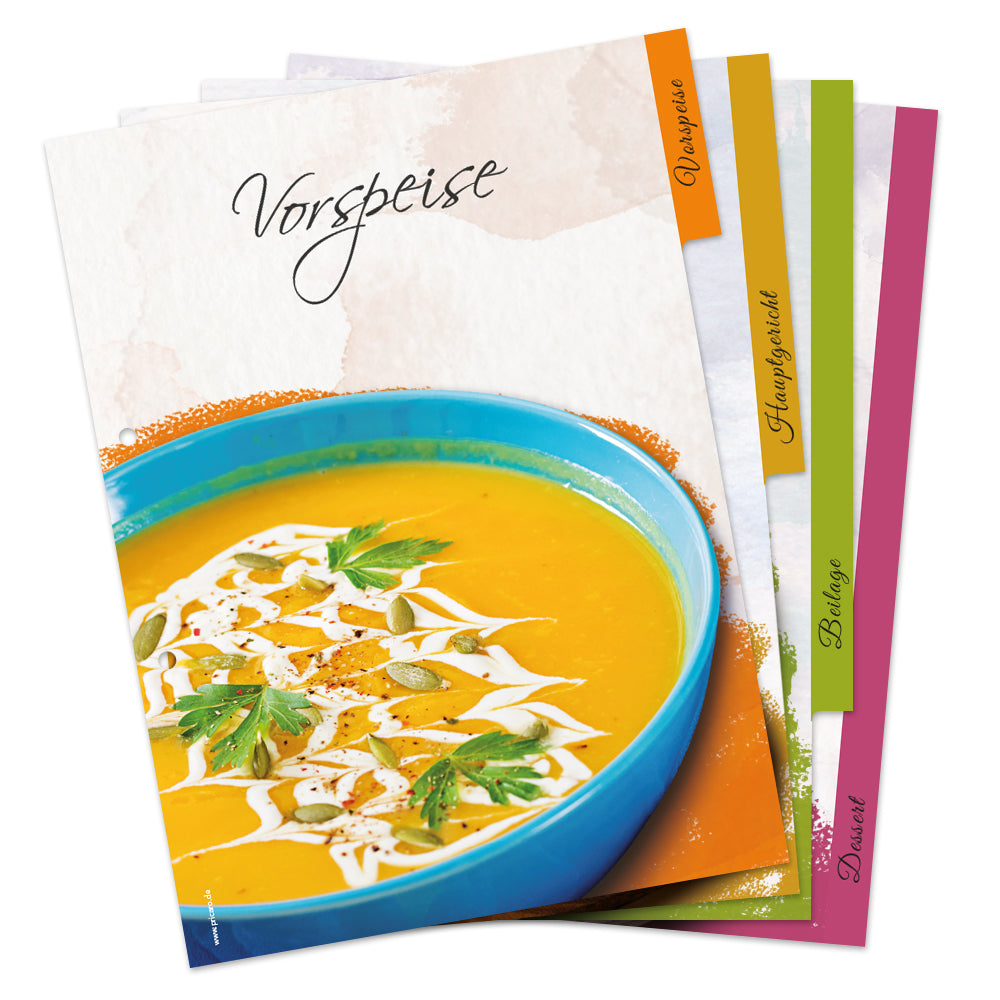 rezeptregister delicious mit verschiedenen gerichten für vorspeise, hauptgericht, beilage und dessert, aufgefächert