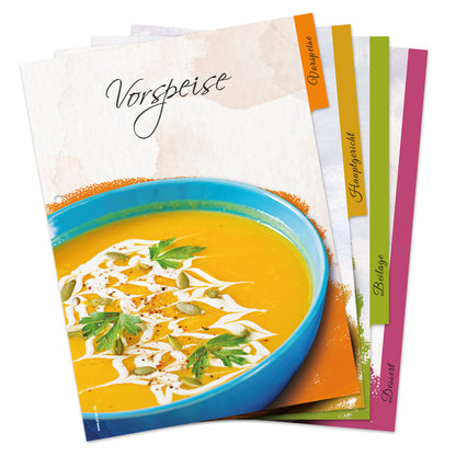 rezeptregister delicious mit verschiedenen gerichten für vorspeise, hauptgericht, beilage und dessert, aufgefächert