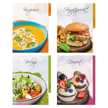 rezeptregister delicious mit verschiedenen gerichten für vorspeise (suppe), hauptgericht (burger), beilage (salat) und dessert (schokotörtchen)