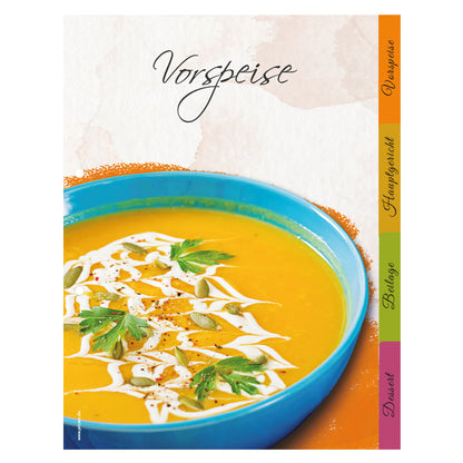 rezeptregister delicious mit verschiedenen gerichten für vorspeise, hauptgericht, beilage und dessert, aufeinander gestapelt