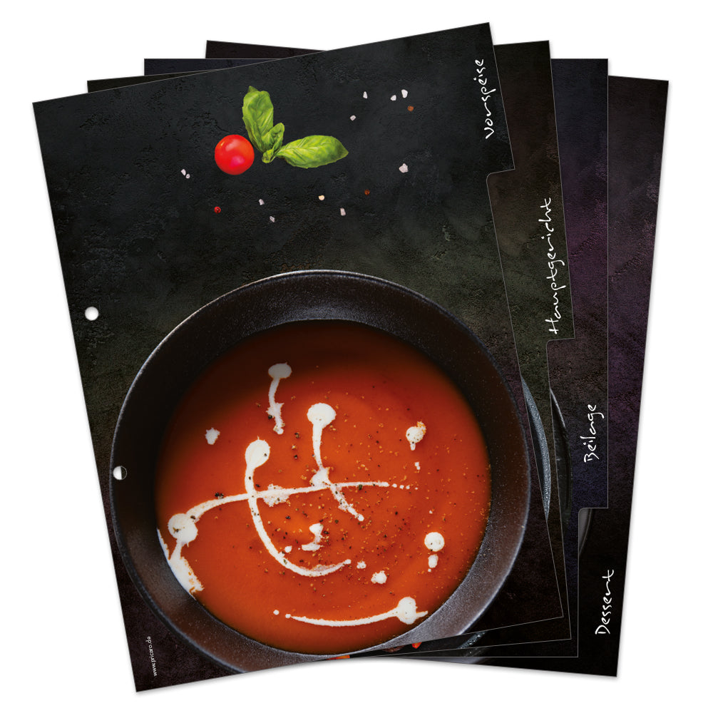 rezeptregister gourmet, schwarz-bunte optik, insgesamt 4 stück, 1x vorspreise, 1x, 1x hauptgericht, 1x beilage, 1x dessert, aufgefächert