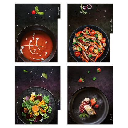 rezeptregister gourmet, schwarz-bunte optik, insgesamt 4 stück, 1x vorspreise (suppe), 1x, 1x hauptgericht (grillpfanne), 1x beilage (salat), 1x dessert (strudel)