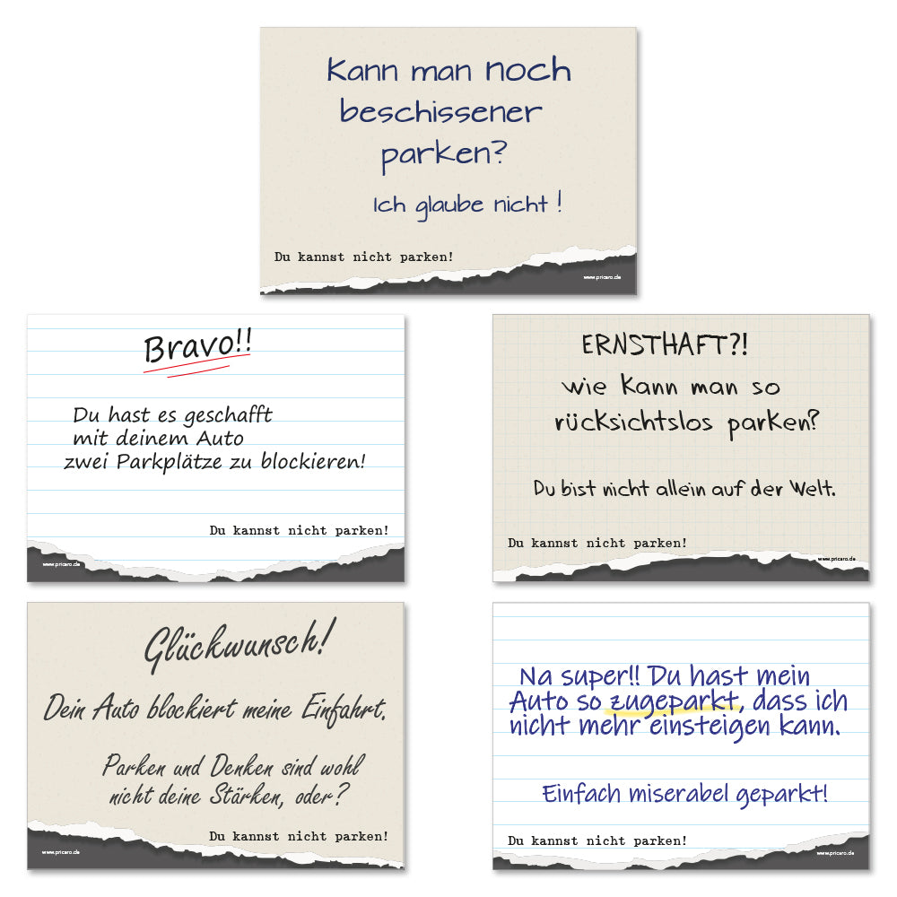flyer scheisse geparkt "fünf zettel" mit der aufschrift "verschiedenen ansichten", frontansicht