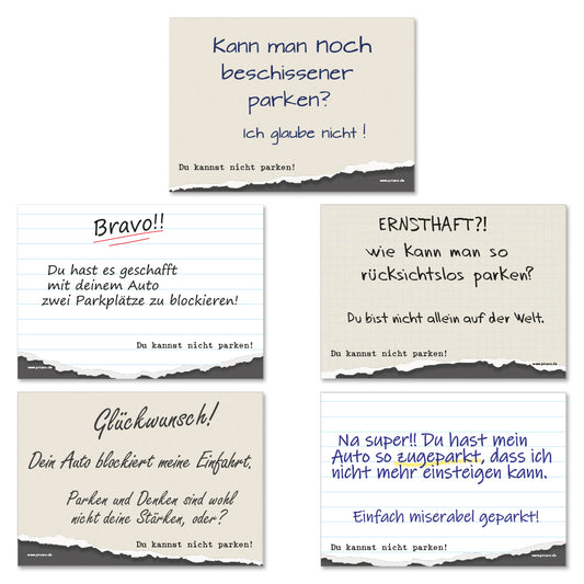 flyer scheisse geparkt "fünf zettel" mit der aufschrift "verschiedenen ansichten", frontansicht