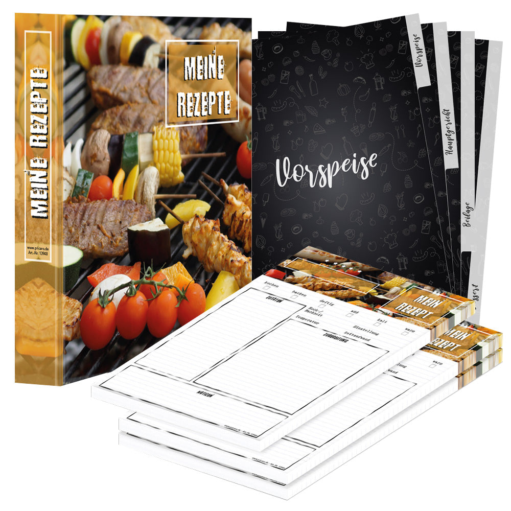 rezeptordner komplett-set bbq, a4, rezeptordner bbq weiß-bunte optik mit abgebildeten grillspießen und der aufschrift meine rezepte, mit drei passenden rezeptblöcken bbq und passenden registern