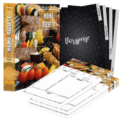 rezeptordner komplett-set bbq, a4, rezeptordner bbq weiß-bunte optik mit abgebildeten grillspießen und der aufschrift meine rezepte, mit drei passenden rezeptblöcken bbq und passenden registern