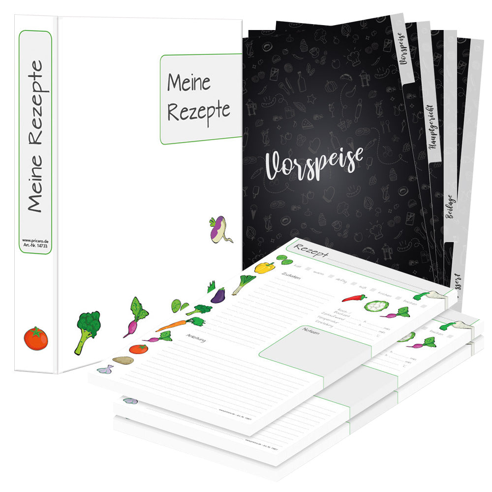 rezeptordner komplett-set querbeet, a4, rezeptordner querbeet weiß-bunte optik mit abgebildeten gezeichnetem gemüse und der aufschrift meine rezepte, mit drei passenden rezeptblöcken querbett und passenden registern