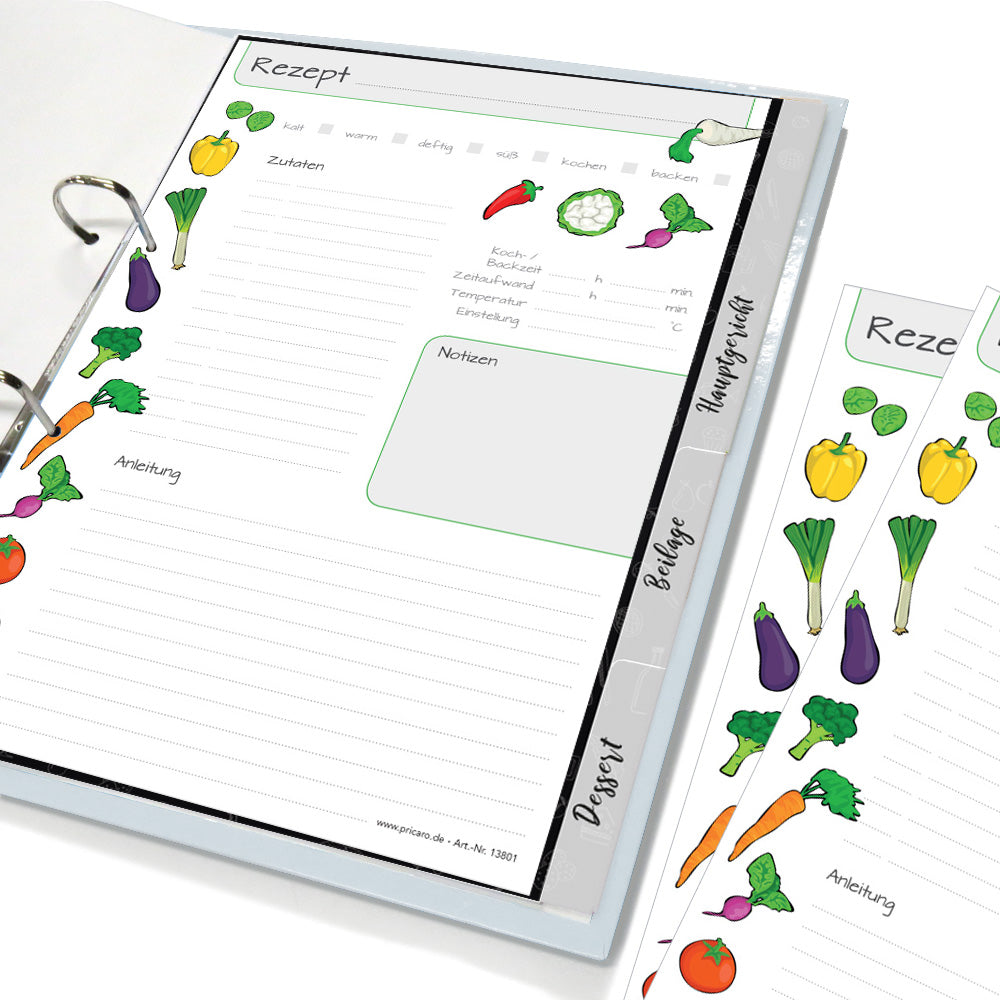 rezeptordner komplett-set querbeet, a4, rezeptordner querbeet mit abgehefteten registern und rezeptblöcken